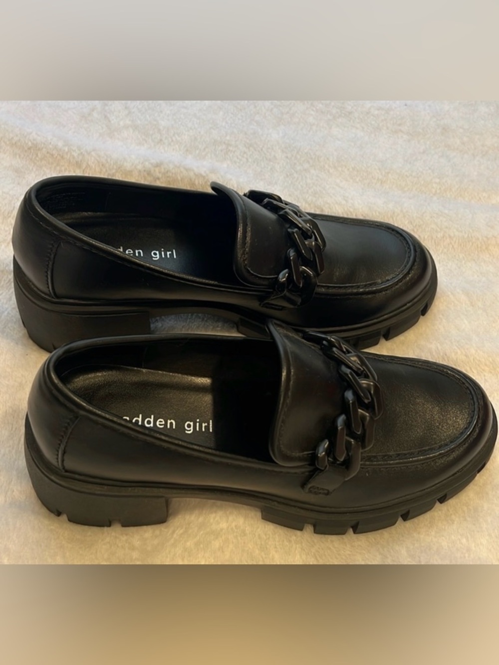 Madden Girl Black Chain-Trim Lug Sole Slip-On Loafers